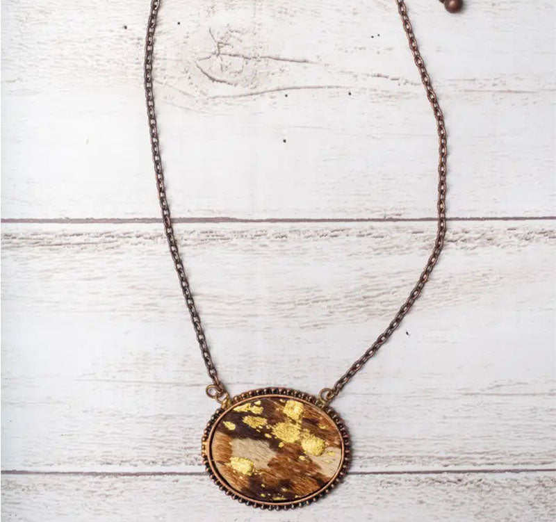 Western Gold Foil Brown Cowhide Oval Pendant Vintage Copper Necklace Cedar Hill Country Market