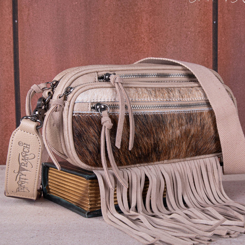 Trinity Ranch Genuine Hair-On Cowhide Triple Zippered Pocket Fringe Belt Handbag Cedar Hill Country Market