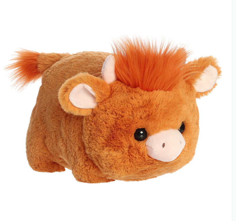 Hamish Highland Cow from Spudsters, with a potato body and fluffy mane, capturing the spirit of the Highlands A spudsters product card for the Hamish Highland Cow plush by Aurora Cedar Hill Country Market