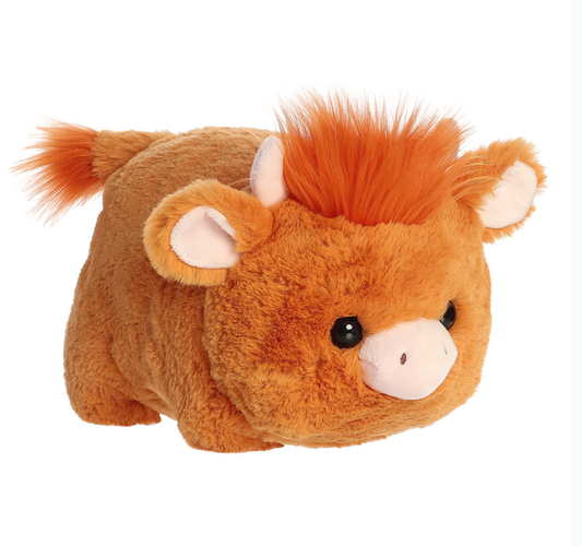 Hamish Highland Cow from Spudsters, with a potato body and fluffy mane, capturing the spirit of the Highlands A spudsters product card for the Hamish Highland Cow plush by Aurora Cedar Hill Country Market