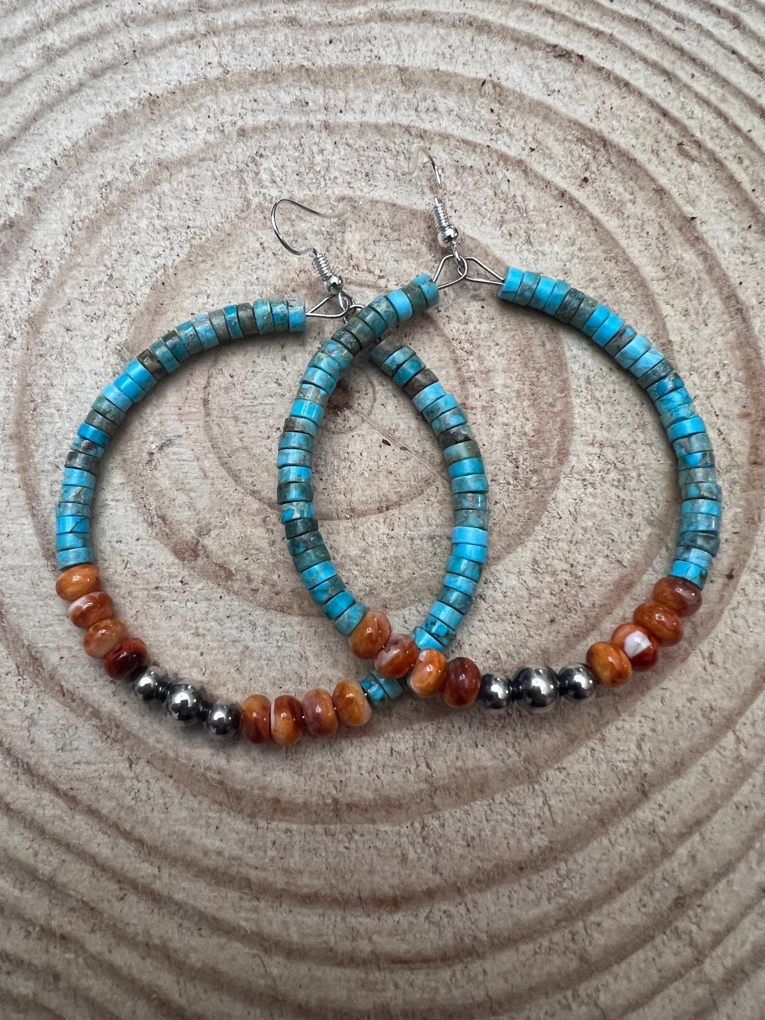 Hoop Earrings With Turquoise, Spiny Oyster & Sterling Silver Pearls - 2 1/4 inch hoops Cowhide and Conchos
