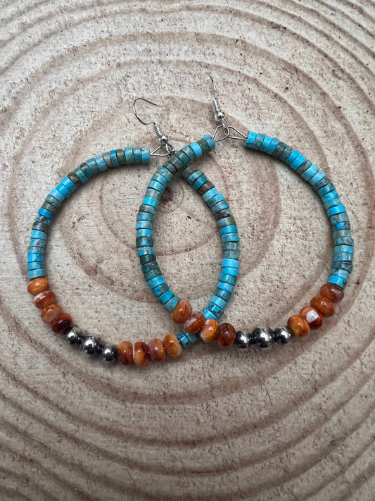 Hoop Earrings With Turquoise, Spiny Oyster & Sterling Silver Pearls - 2 1/4 inch hoops Cowhide and Conchos