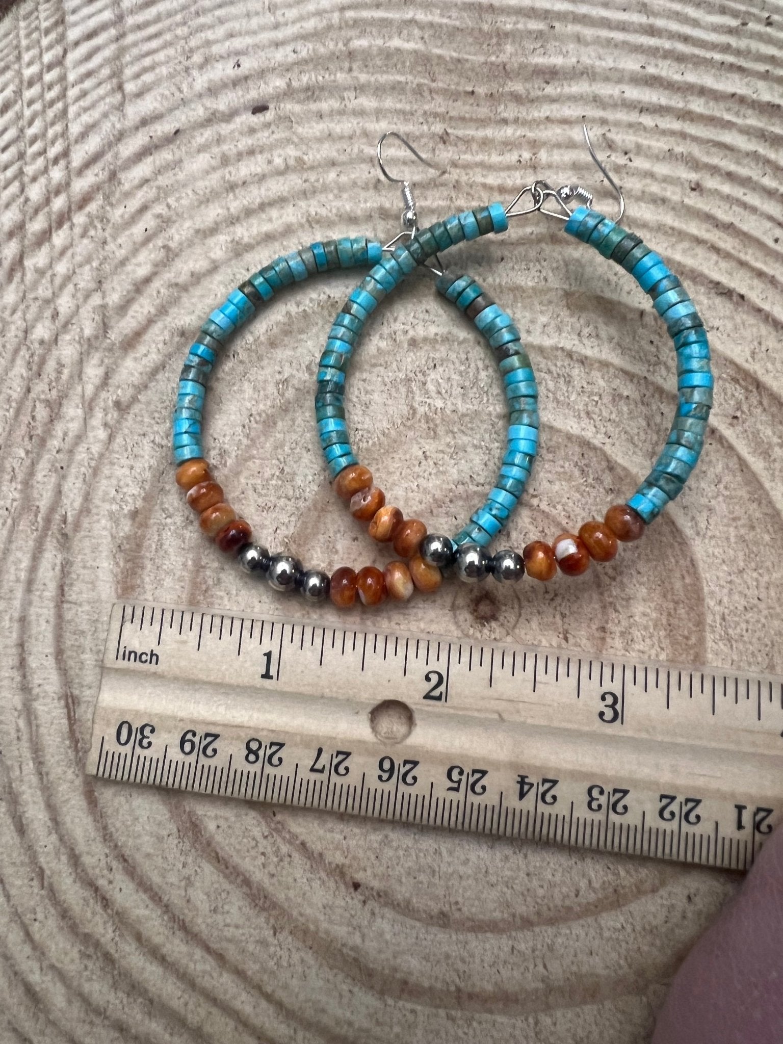 Hoop Earrings With Turquoise, Spiny Oyster & Sterling Silver Pearls - 2 1/4 inch hoops Cowhide and Conchos