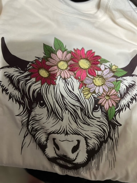 Highland Cow Embroidery Floral Ivory Graphic TShirt CedarHill Country Market