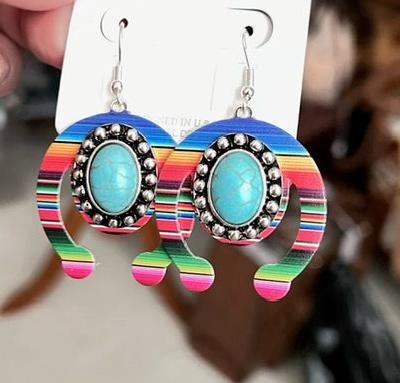 Turquoise Stone Serape Horseshoe Earrings Cedar Hill Country Market