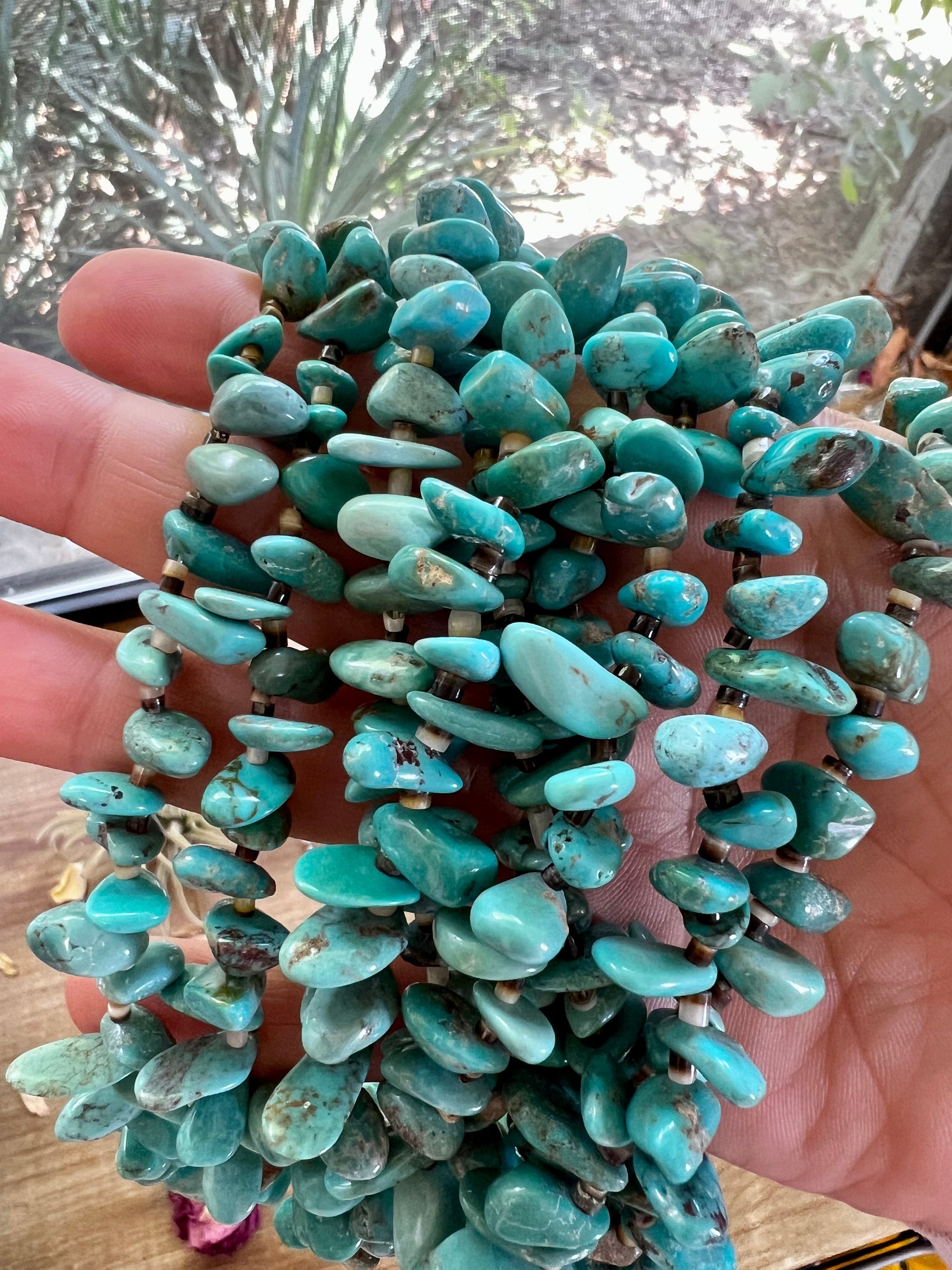 22 inch long real turquoise and shell teardrop shape blue side The Bijoux FAB Jewelry