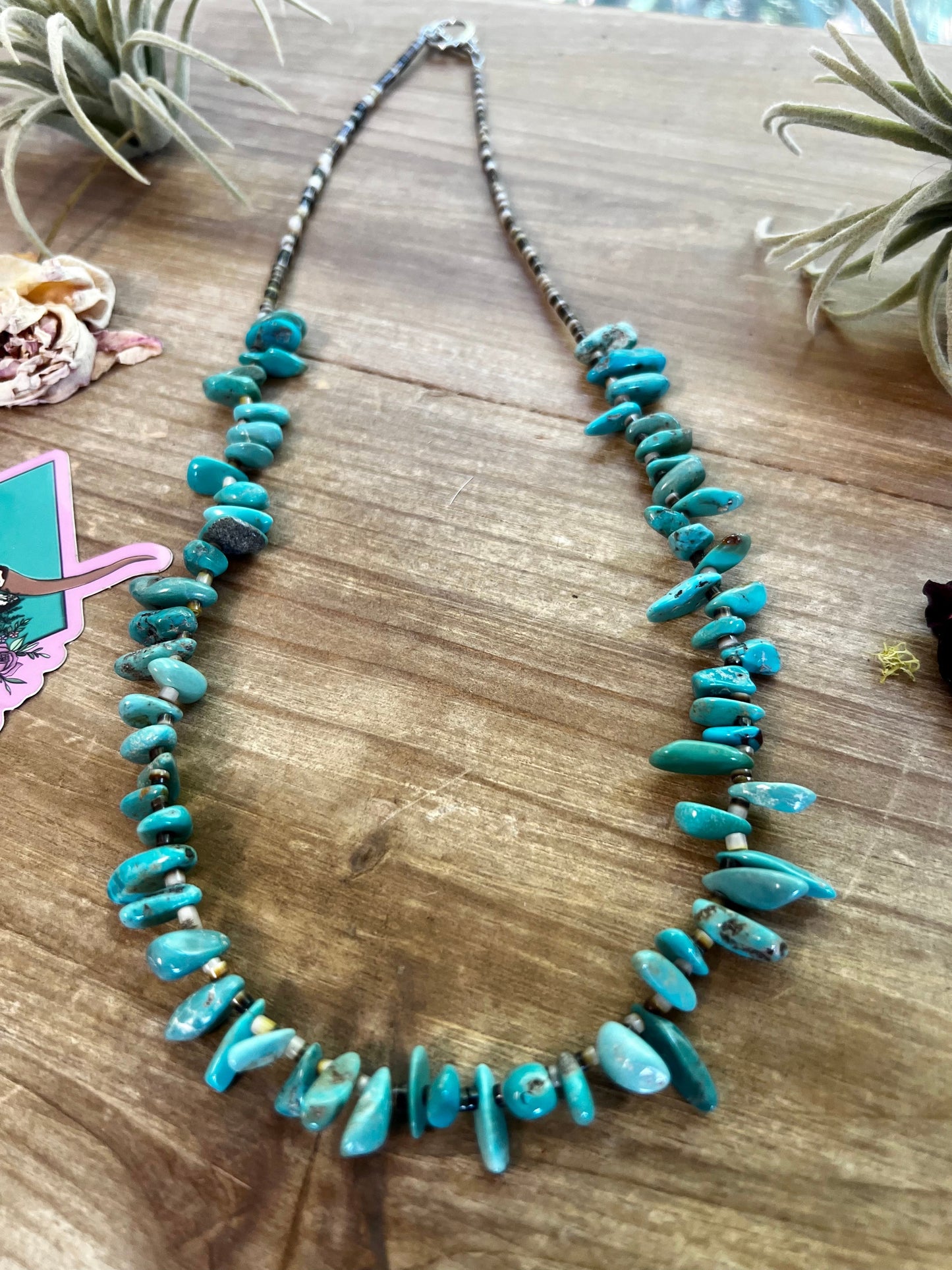 22 inch long real turquoise and shell teardrop shape blue side The Bijoux FAB Jewelry