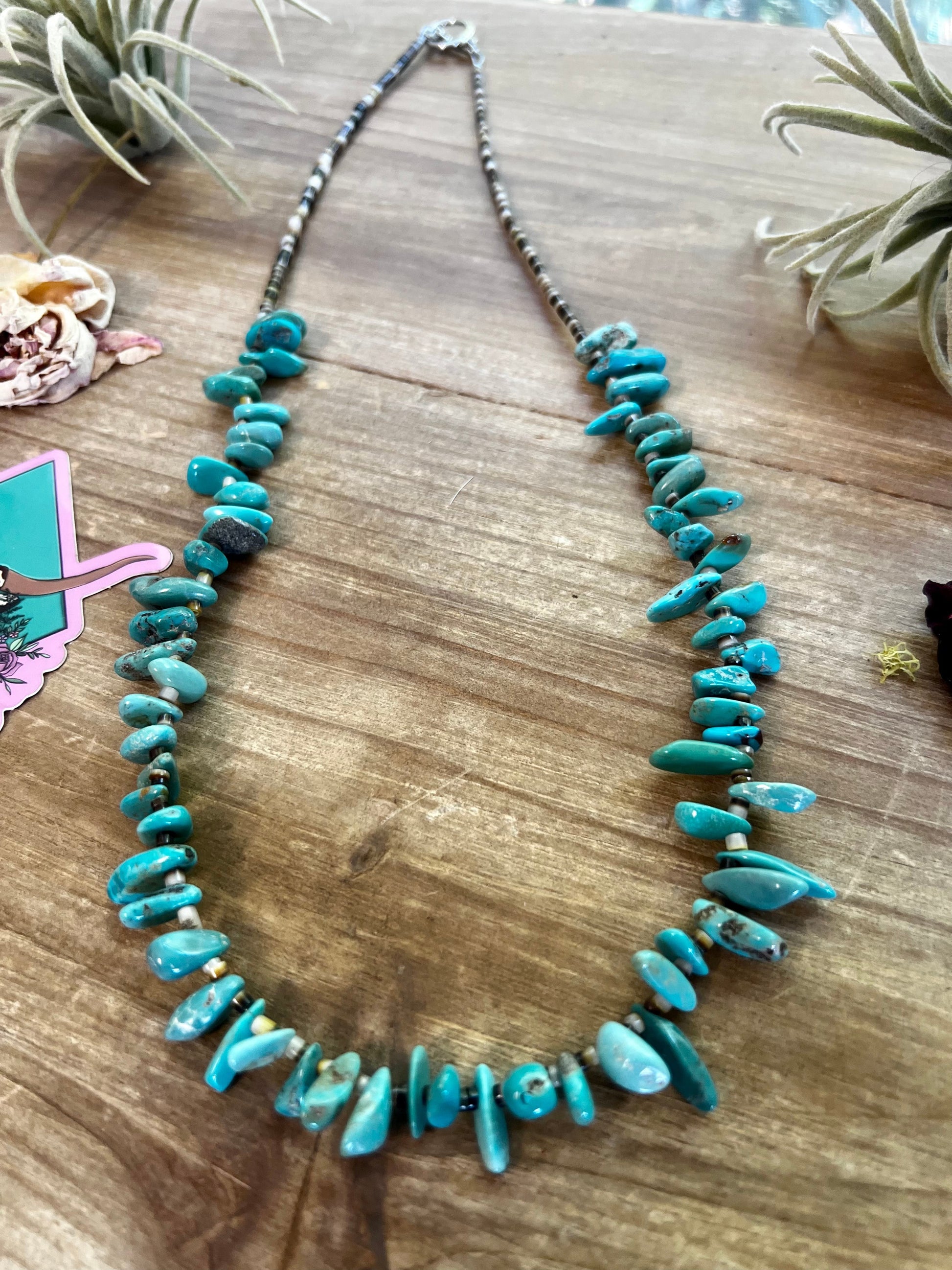 22 inch long real turquoise and shell teardrop shape blue side The Bijoux FAB Jewelry