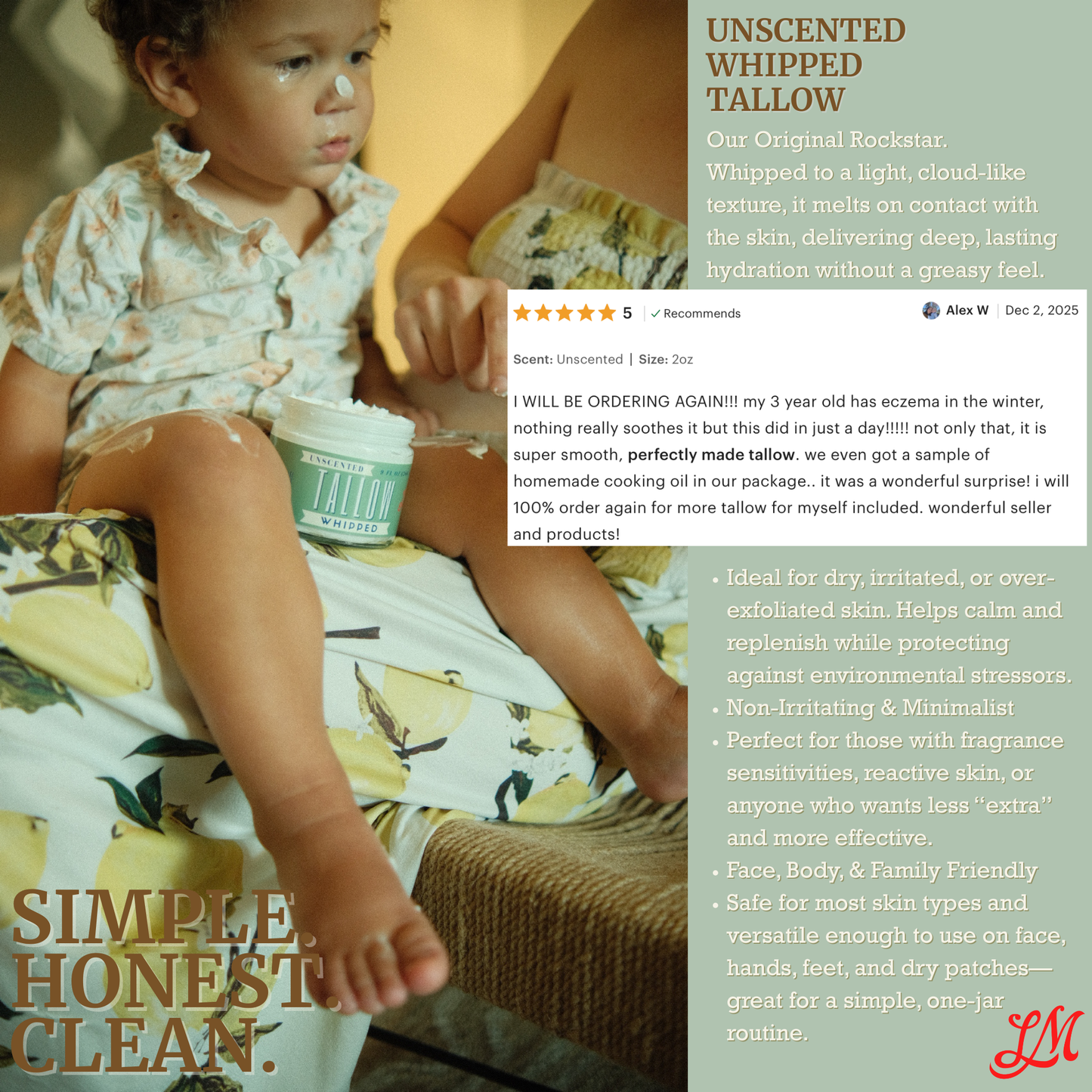 Unscented Whipped Tallow – All-Natural Moisturizer | Pure Beef Tallow Cream for Face & Body |Lady May Handmade, Preservative-Free Skincare Lady May Tallow