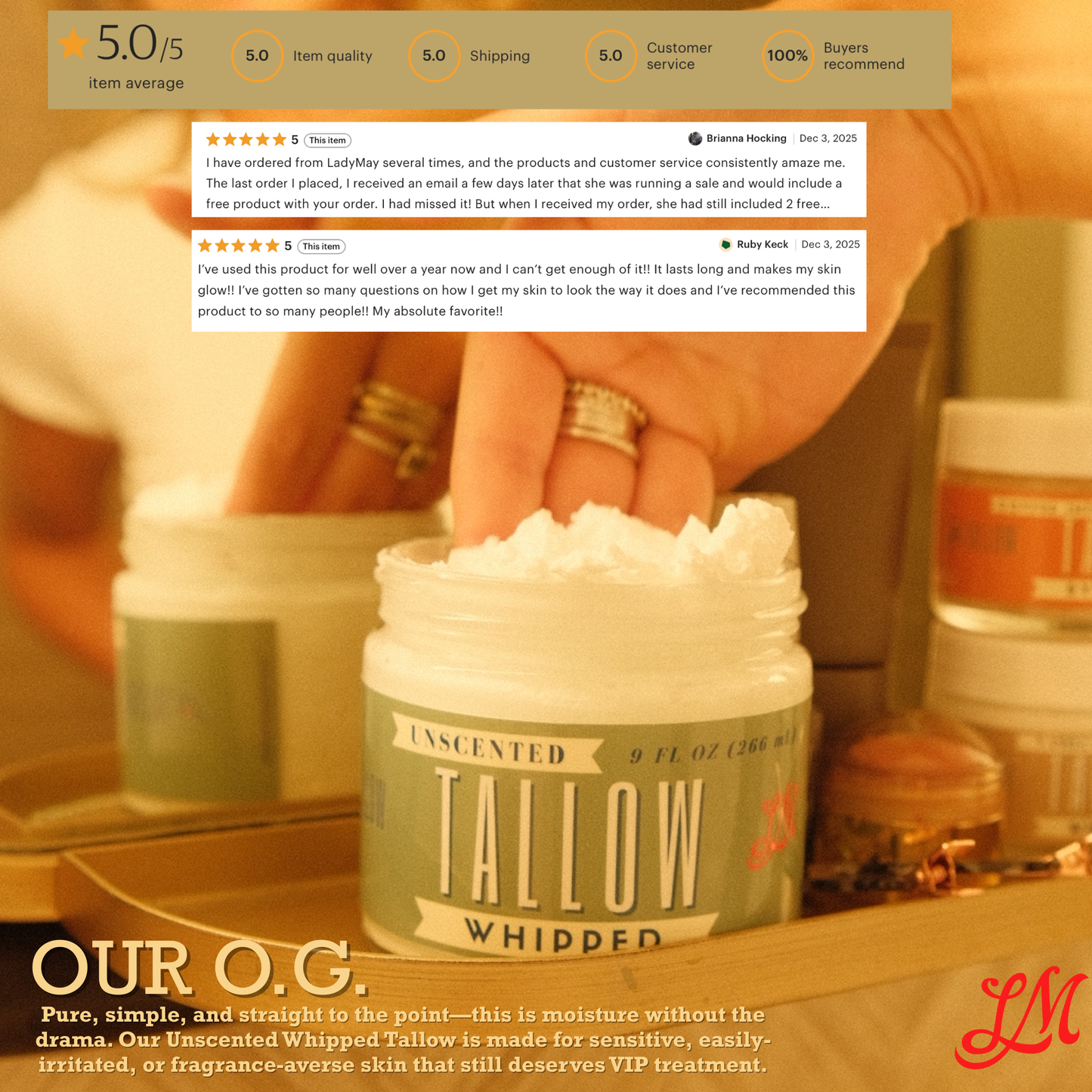 Unscented Whipped Tallow – All-Natural Moisturizer | Pure Beef Tallow Cream for Face & Body |Lady May Handmade, Preservative-Free Skincare Lady May Tallow