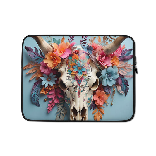 Blue Floral Bull Head Western Themed Laptop Sleeve CedarHill Country Market