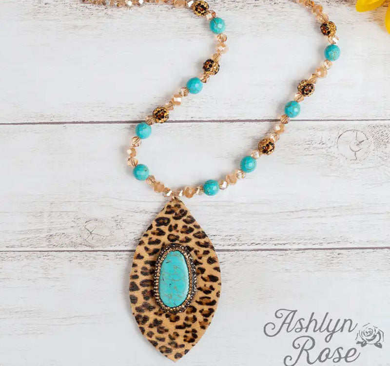 The Git Up Teardrop Beaded Necklace with Center Bedazzled Stone, Brown Leopard Cedar Hill Country Market