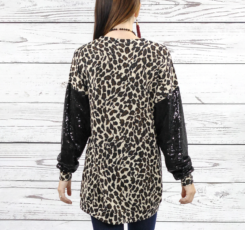 Leopard with Sequin Long Sleeve Top - Leopard Cedar Hill Country Market