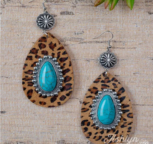 Country Cutie Teardrop Earrings with Stone, Brown Leopard Cedar Hill Country Market