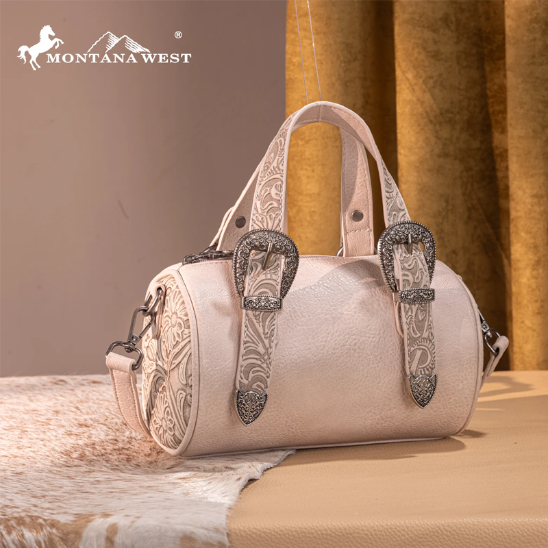 Montana West Western Tooled Buckle Collection Mini Barrel Crossbody Bag -Beige Cedar Hill Country Market