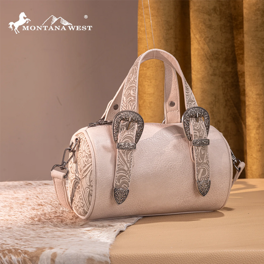 Montana West Western Tooled Buckle Collection Mini Barrel Crossbody Bag -Beige Cedar Hill Country Market