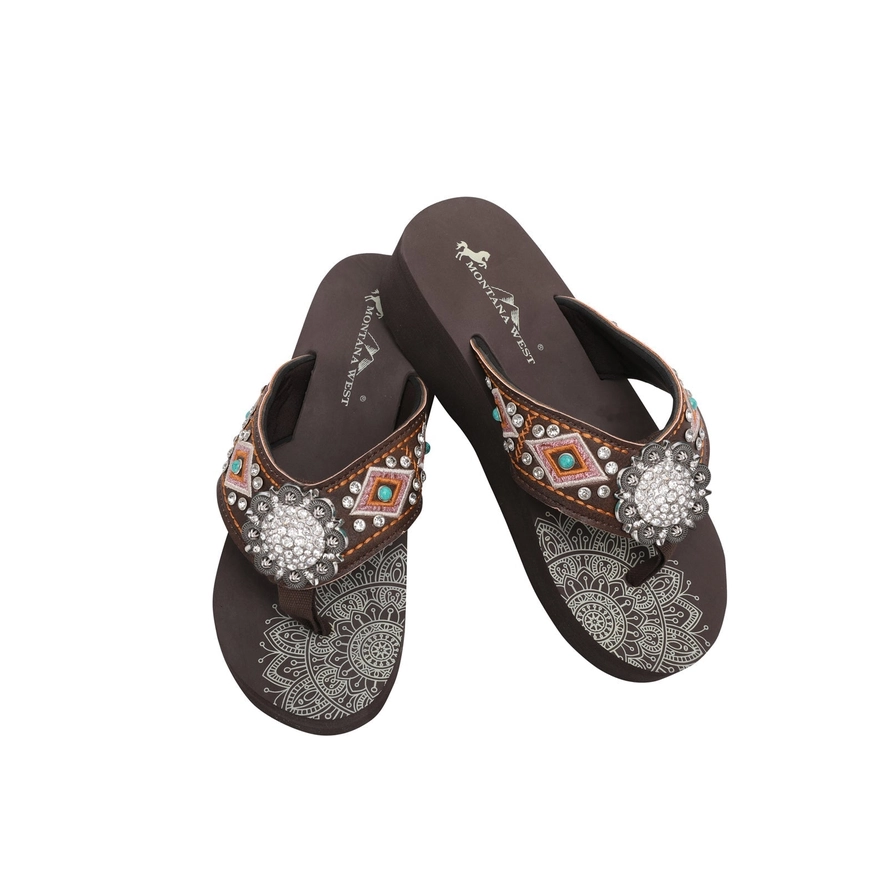Mandala Silver Floral Rhinestones Concho Embroidered Wedge Flip-Flop Cedar Hill Country Market