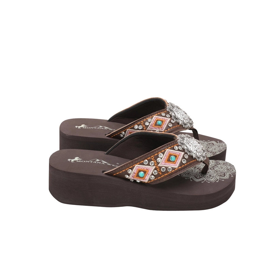 Mandala Silver Floral Rhinestones Concho Embroidered Wedge Flip-Flop Cedar Hill Country Market