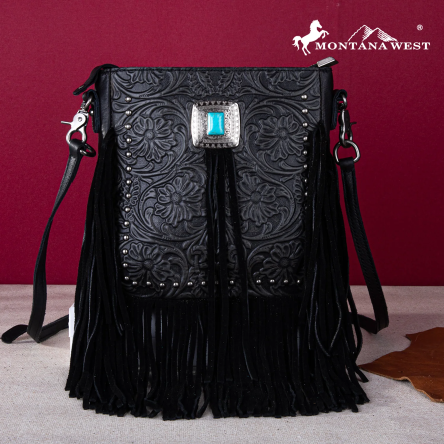 Montana West Genuine Leather Tooled Silver Turquoise Concho Fringe Crossbody - Black Cedar Hill Country Market