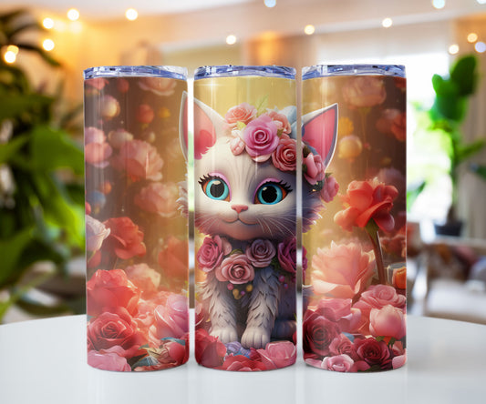 Pink Kitty in Roses Stainless steel tumbler CedarHill Country Market