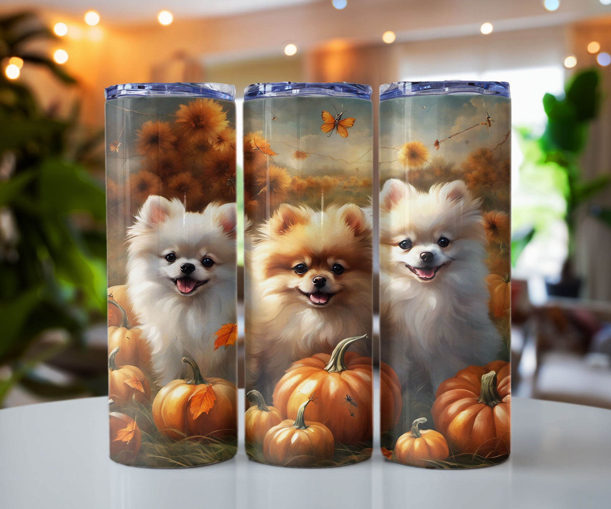 Pomeranian Antics in the Pumpkin Patch with Dragonflies Stainless steel tumbler CedarHill Country Market