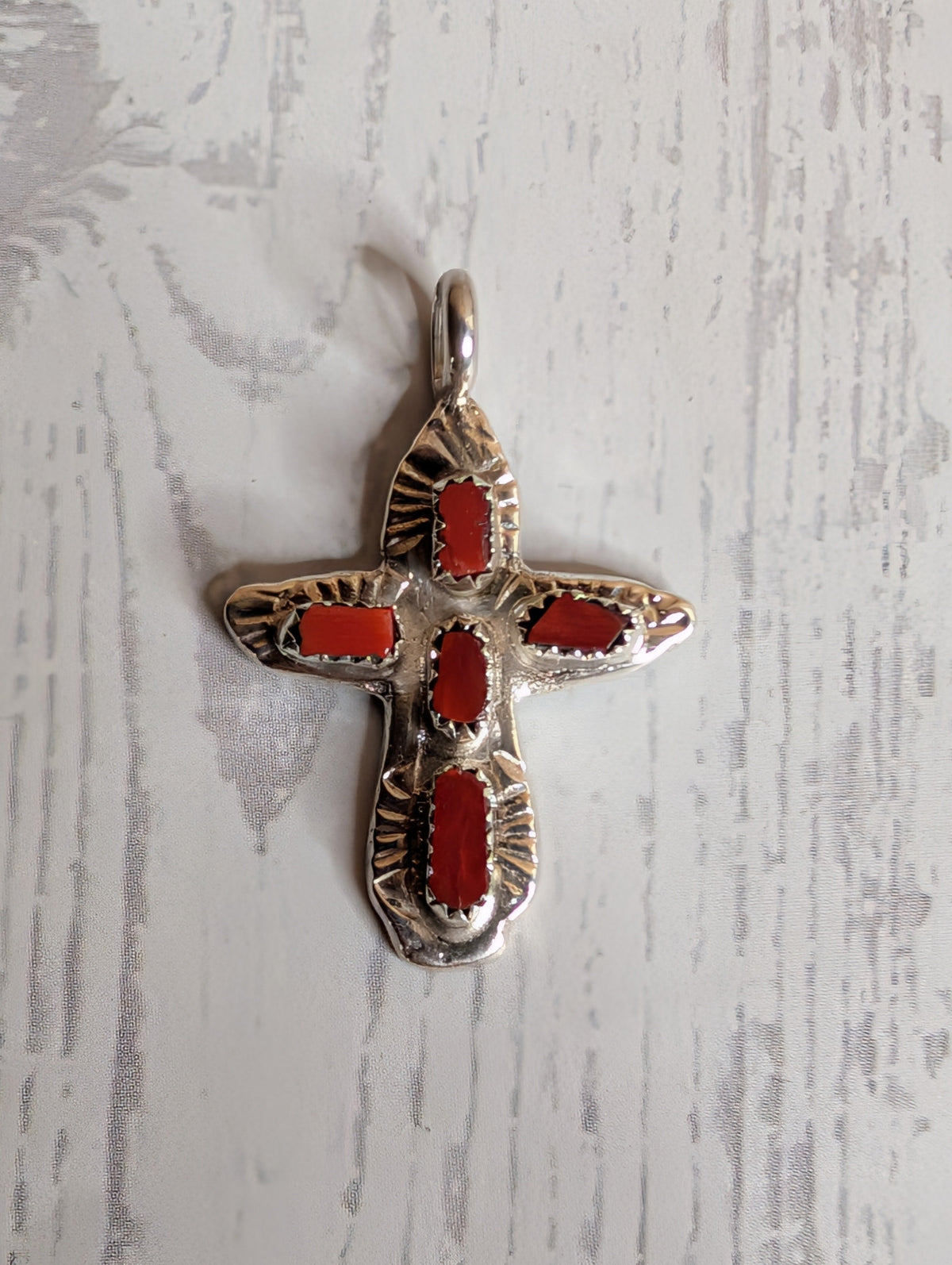 Handcrafted Red Coral Sterling Silver Cross Pendant Nizhoni Traders LLC