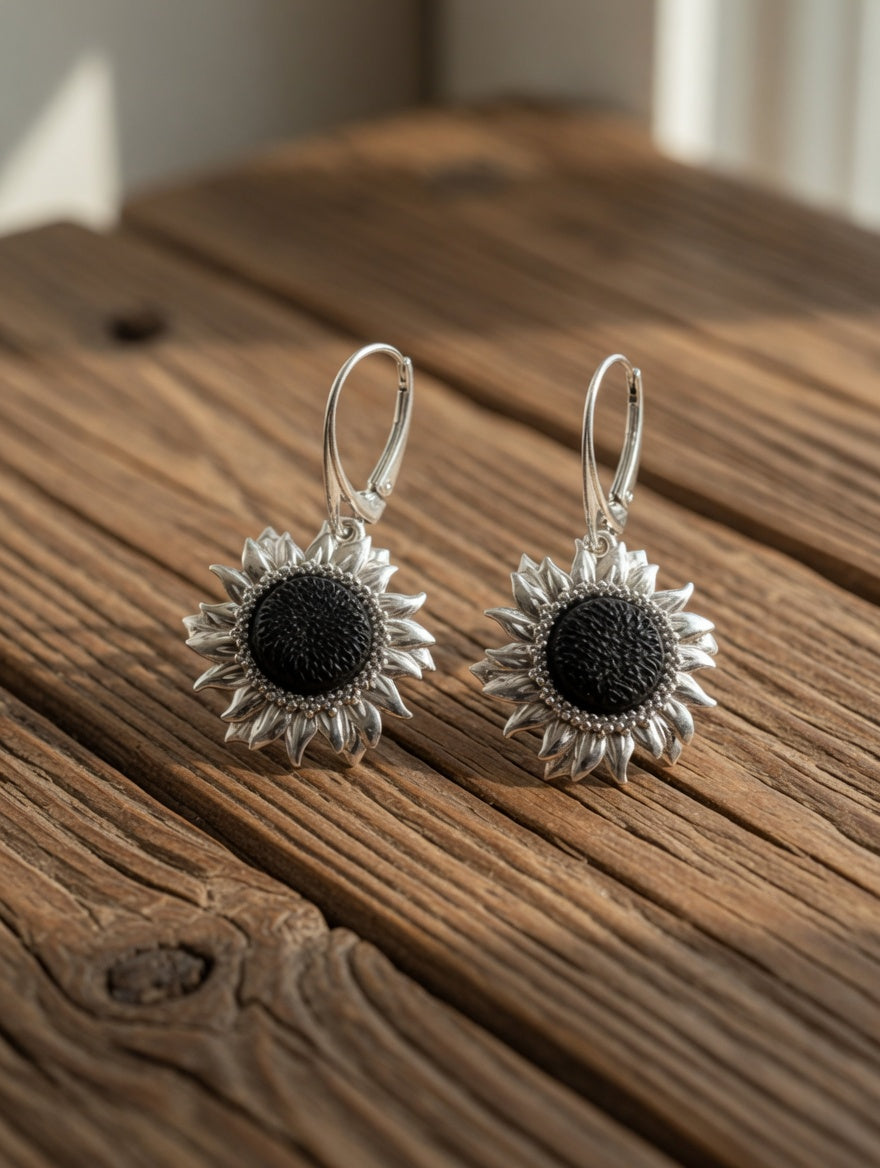 Dark Amber Handmade Sterling Silver Sunflower Leverback Earrings Nizhoni Traders LLC