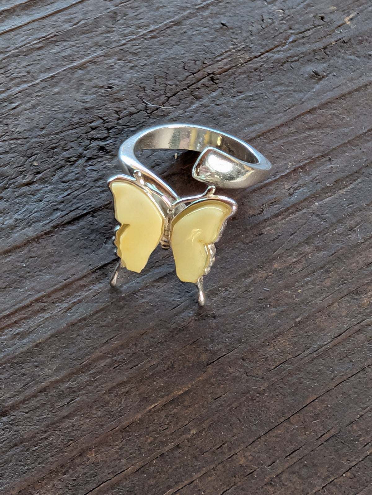 Butterfly Ring Yellow Amber Handmade Sterling Silver Adjustable Nizhoni Traders LLC