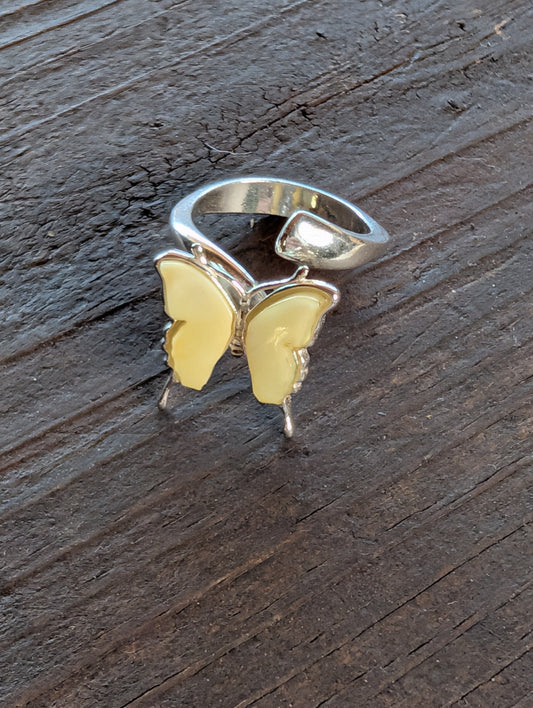 Butterfly Ring Yellow Amber Handmade Sterling Silver Adjustable Nizhoni Traders LLC