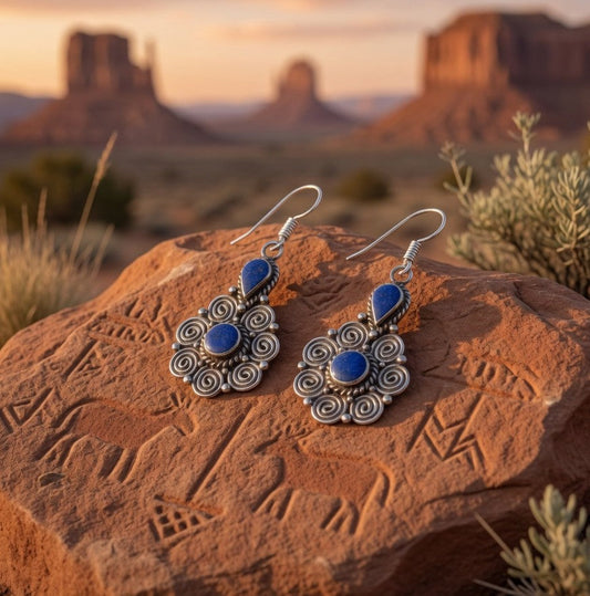 Blue Lapis Two-Stone Filigree Dangle Earrings Nizhoni Traders LLC
