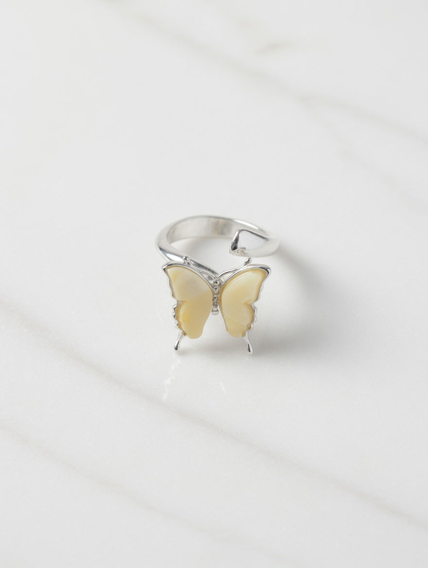 Butterfly Ring Yellow Amber Handmade Sterling Silver Adjustable Nizhoni Traders LLC