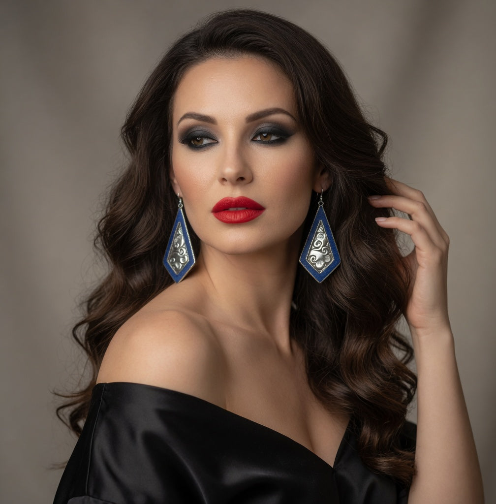 Blue & Silver Embossed Drop Earrings Nizhoni Traders LLC