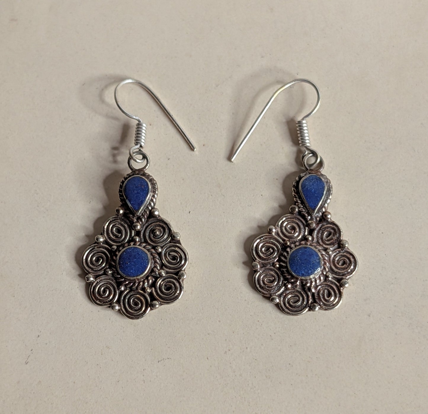 Blue Lapis Two-Stone Filigree Dangle Earrings Nizhoni Traders LLC