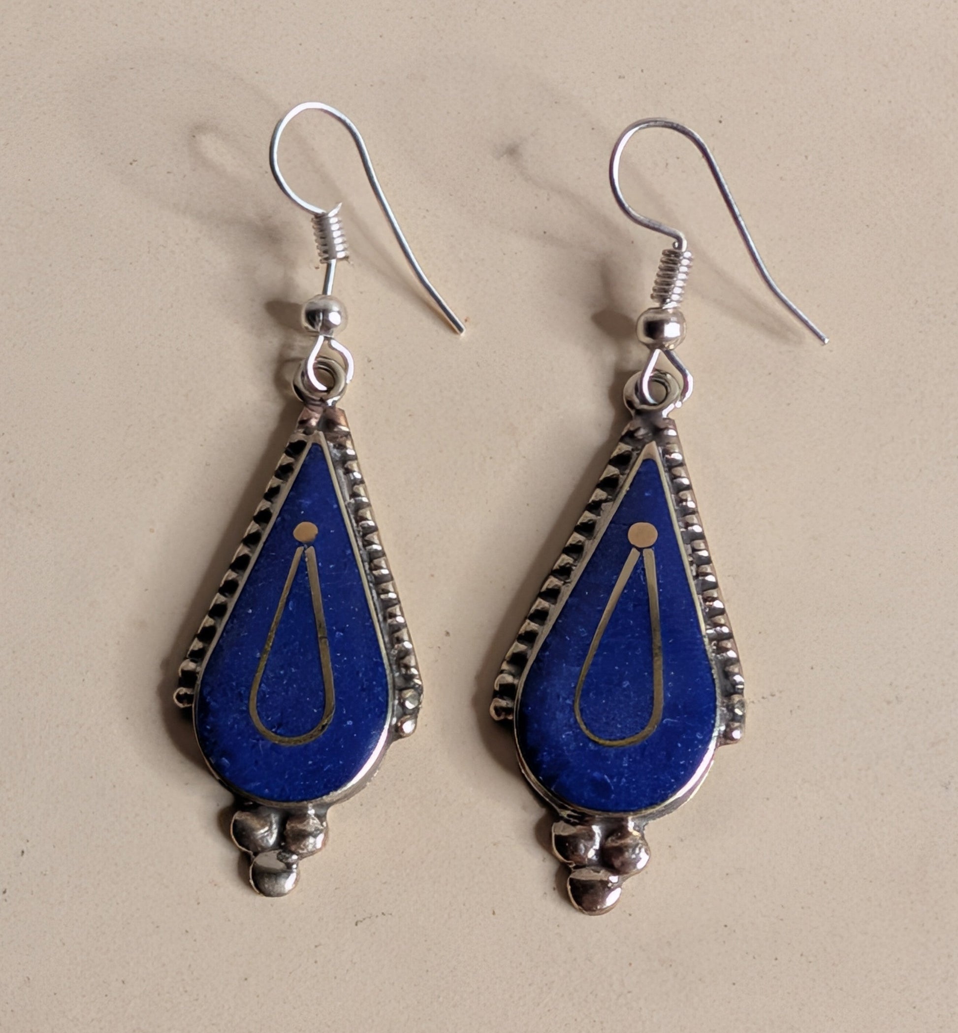 Blue Lapis Teardrop Dangle Earrings with Triple Silver Ball Drop Nizhoni Traders LLC