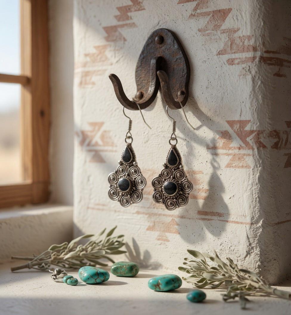 Black Onyx Two-Stone Filigree Dangle Earrings Nizhoni Traders LLC