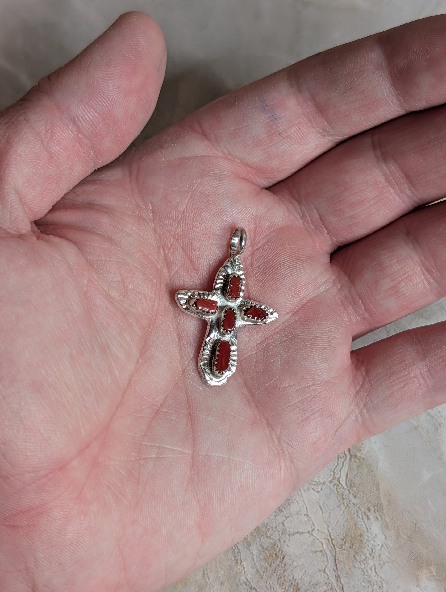 Handcrafted Red Coral Sterling Silver Cross Pendant Nizhoni Traders LLC