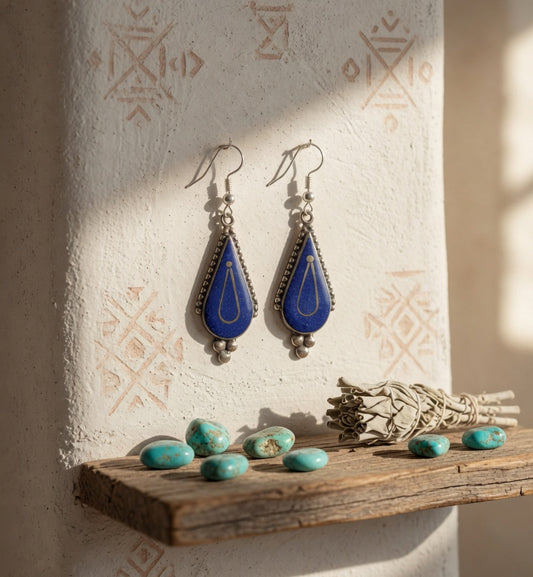 Blue Lapis Teardrop Dangle Earrings with Triple Silver Ball Drop Nizhoni Traders LLC