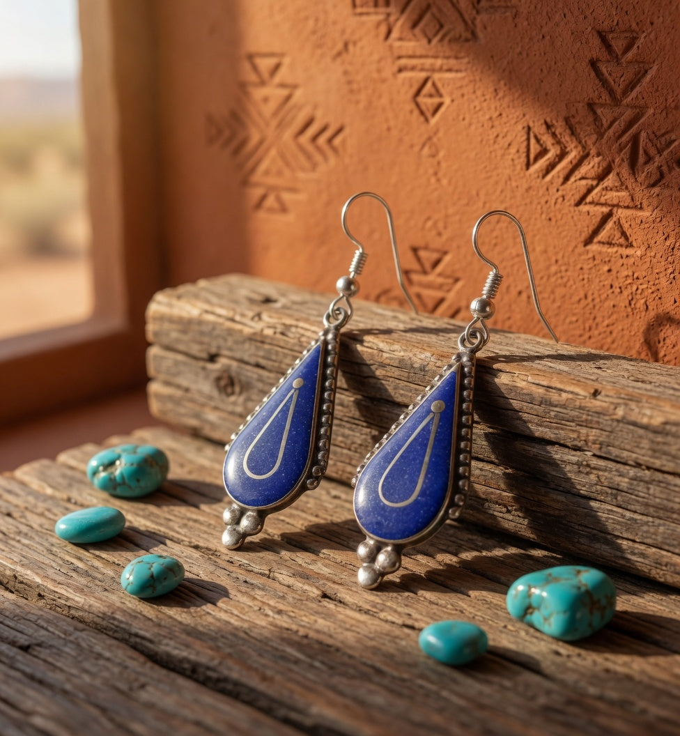 Blue Lapis Teardrop Dangle Earrings with Triple Silver Ball Drop Nizhoni Traders LLC