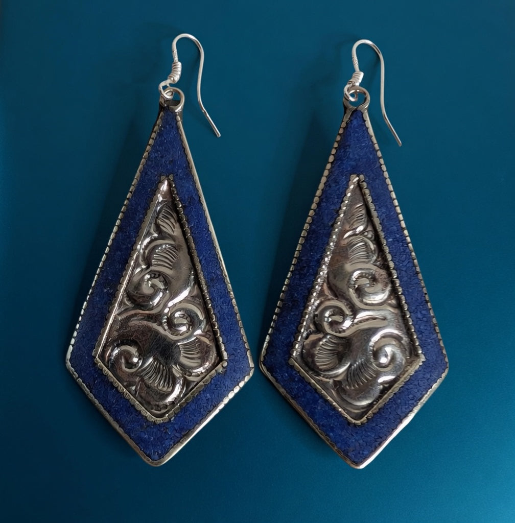 Blue & Silver Embossed Drop Earrings Nizhoni Traders LLC