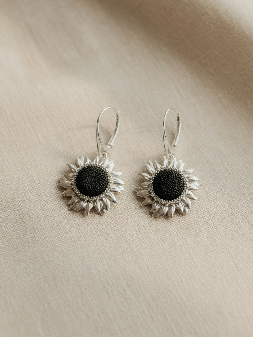 Dark Amber Handmade Sterling Silver Sunflower Leverback Earrings Nizhoni Traders LLC