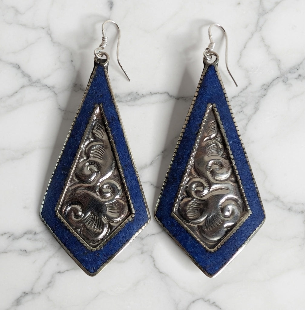Blue & Silver Embossed Drop Earrings Nizhoni Traders LLC