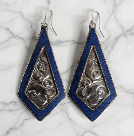 Blue & Silver Embossed Drop Earrings Nizhoni Traders LLC