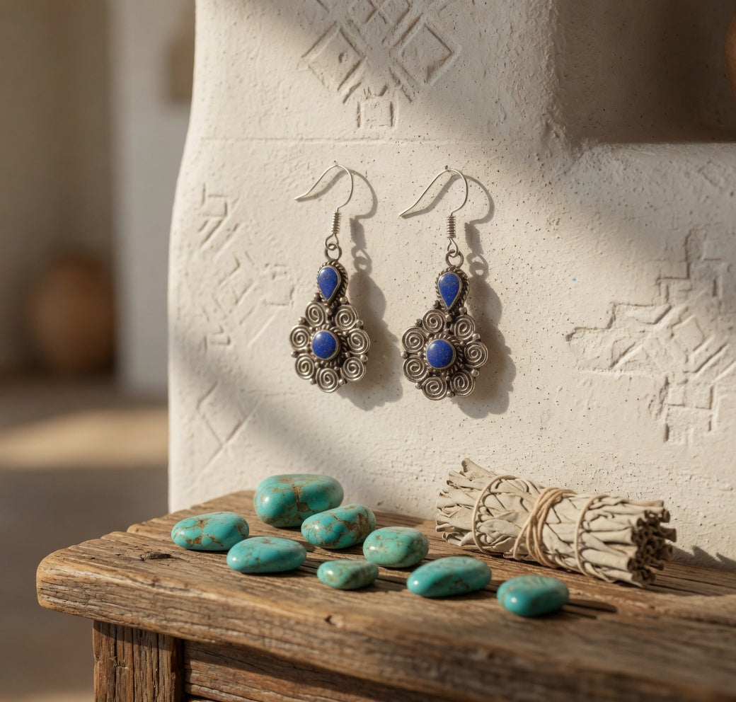 Blue Lapis Two-Stone Filigree Dangle Earrings Nizhoni Traders LLC