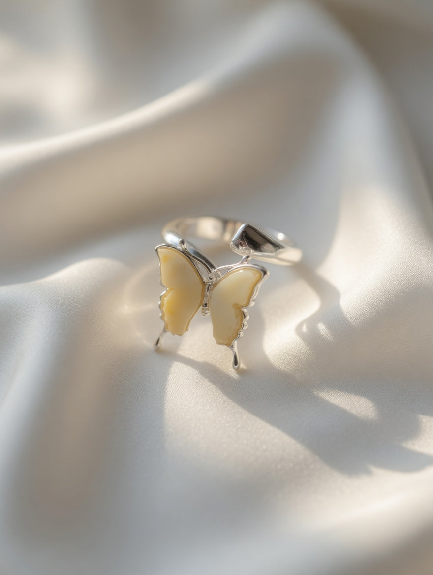 Butterfly Ring Yellow Amber Handmade Sterling Silver Adjustable