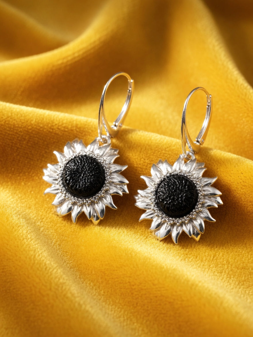 Dark Amber Handmade Sterling Silver Sunflower Leverback Earrings Nizhoni Traders LLC