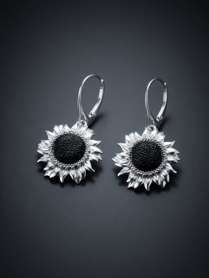 Dark Amber Handmade Sterling Silver Sunflower Leverback Earrings Nizhoni Traders LLC
