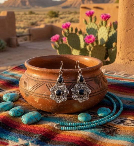 Black Onyx Two-Stone Filigree Dangle Earrings Nizhoni Traders LLC
