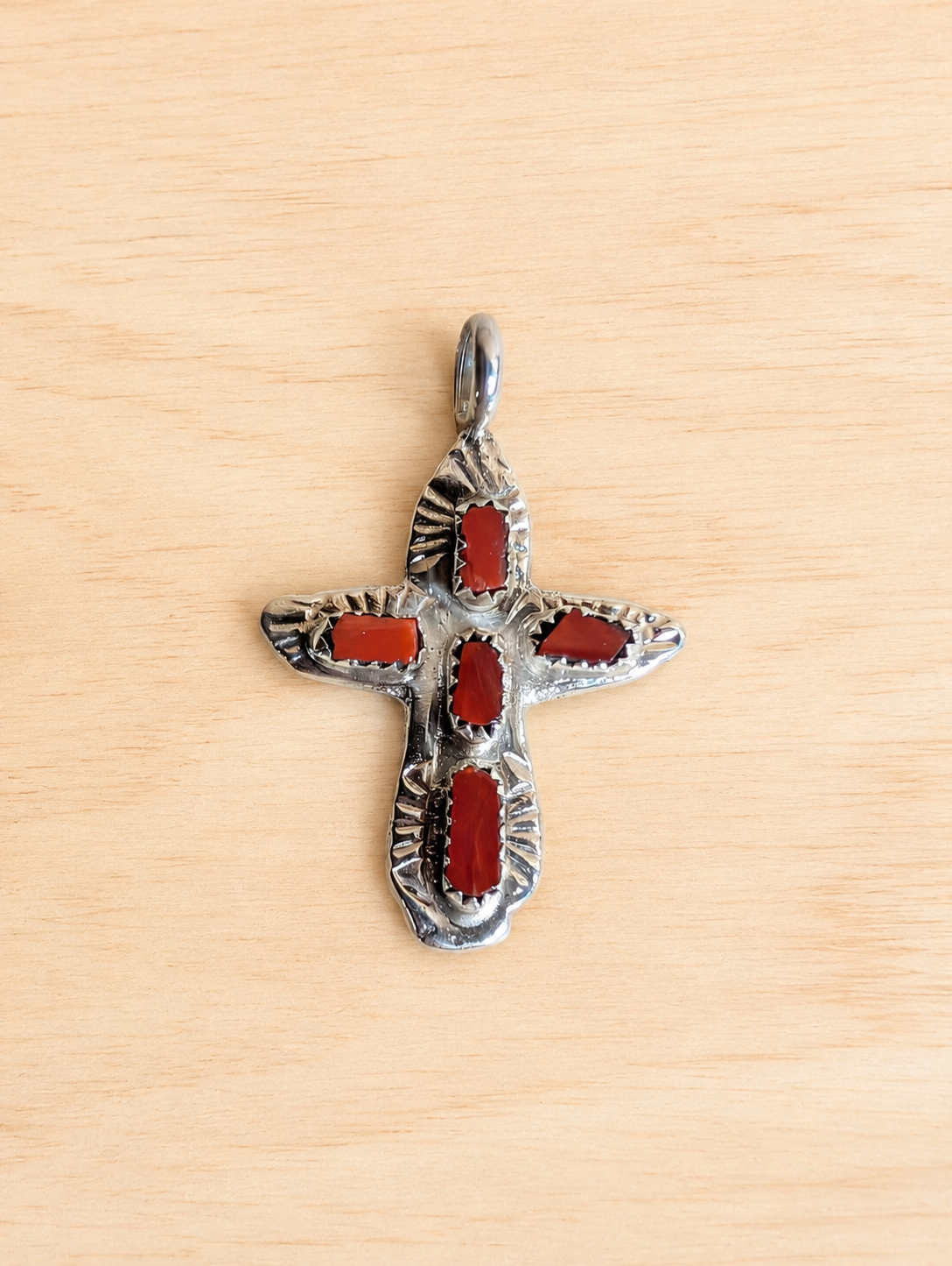 Handcrafted Red Coral Sterling Silver Cross Pendant Nizhoni Traders LLC