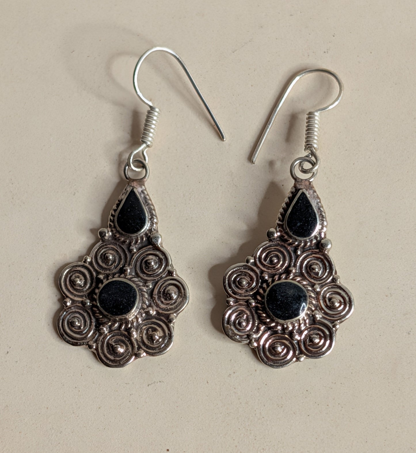 Black Onyx Two-Stone Filigree Dangle Earrings Nizhoni Traders LLC
