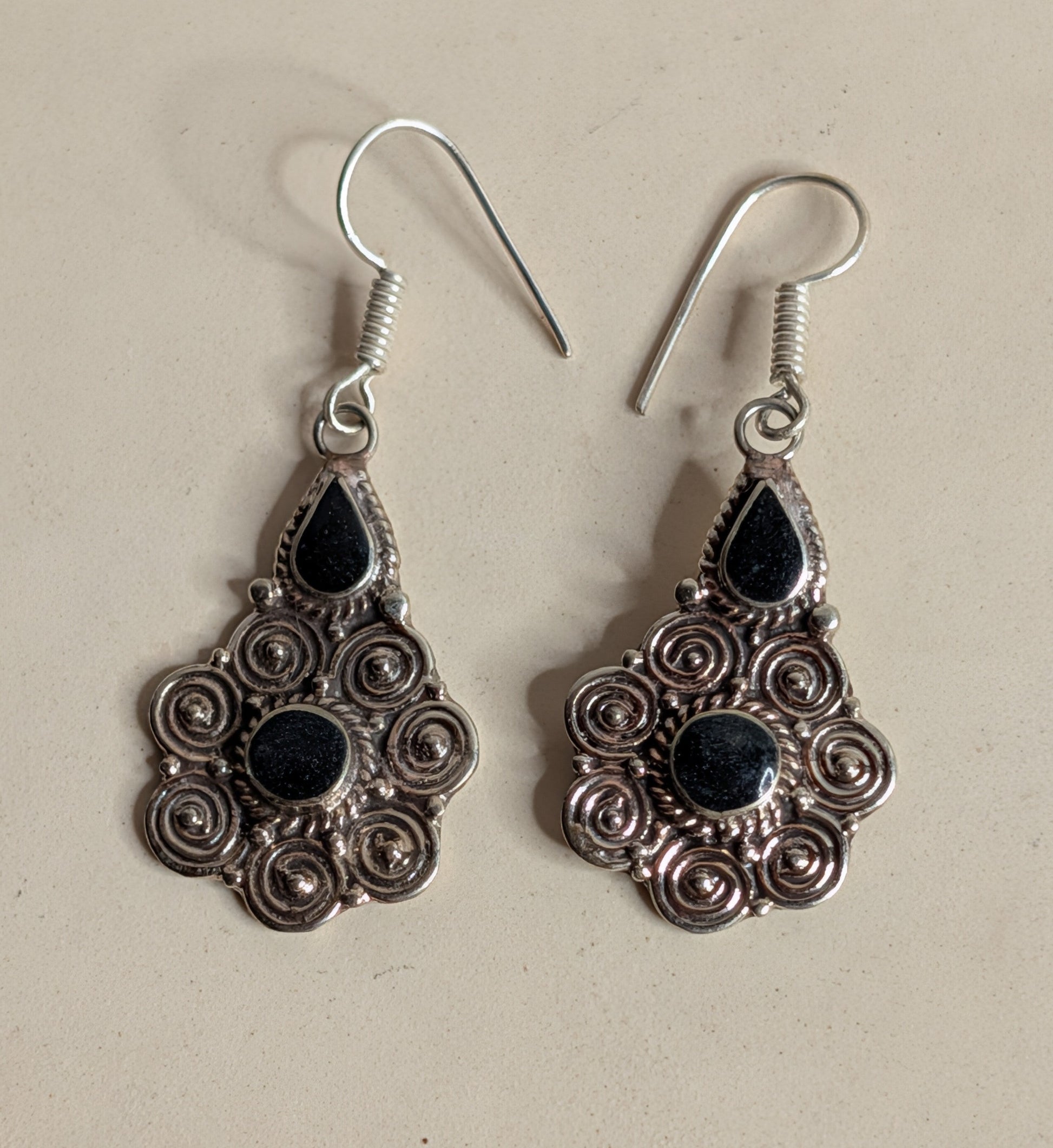Black Onyx Two-Stone Filigree Dangle Earrings Nizhoni Traders LLC